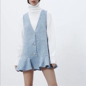 Zara Blue Tweed Pinafore Sleeveless Dress, SIZE M